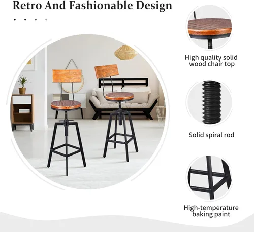 Vista 3 de Taburetes de bar industriales con respaldo de madera de 25 a 32 pulgadas de altura ajustable para isla de cocina, silla de comedor, taburete extra