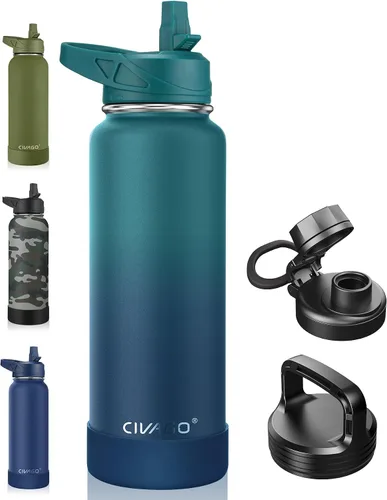 Vista 45 de CIVAGO Botella de agua aislada de 22 onzas con pajita, frasco de agua deportiva de acero inoxidable con 3 tapas