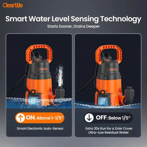 Vista 5 de Cleartide Bomba de Sumidero Sumergible, Sensor de Agua Inteligente Auto Encendido/Apagado, Modo Manual/Automático, Bomba de Agua de Utilidad