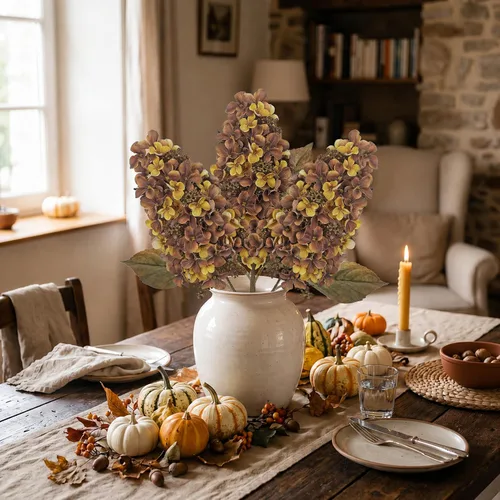 Vista 4 de Hollyone 3PCS Fall Brown Cone Hydrangeas Artificial Flowers Fake Fall Decor