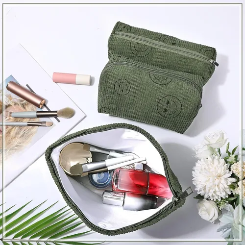 Vista 5 de Huhumy Juego de 3 bolsas de maquillaje para mujeres, bolsa cosmética de pana con sonrisa estética, bolsa de viaje para artículos de tocador, linda