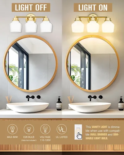 Vista 3 de Lámpara de tocador dorada Emak con pantalla de vidrio lechoso, accesorios modernos de iluminación de baño sobre espejo, 3 luces de tocador de baño