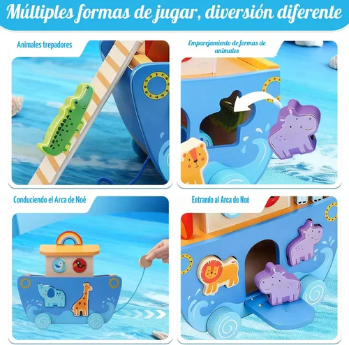 Vista 2 de Tooysea - Arca de Noé de madera con clasificador de formas de animales, regalos de bautismo para niños de 1, 2, 3, 4 años, juguetes Montessori