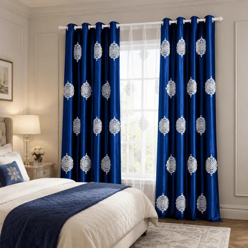 Vista 3 de VOGOL Cortinas opacas bordadas para sala de estar, paneles de cortina de terciopelo azul para dormitorio, 52 x 63 pulgadas, 2 paneles
