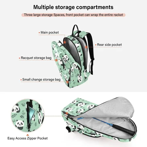 Vista 5 de Mochila de tenis de bádminton con diseño de pandas, color verde menta, sin costuras, con capacidad para 2 raquetas para mujeres y hombres, maleta