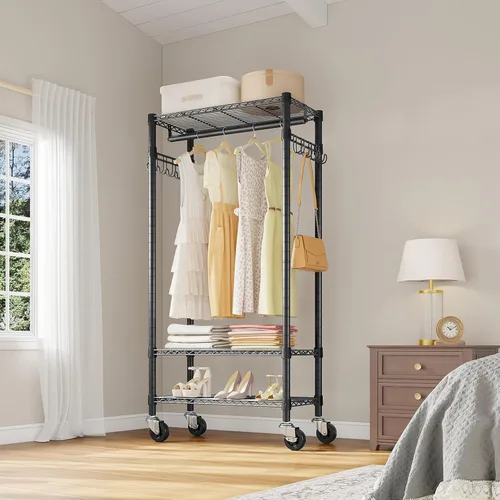 Vista 2 de VIPEK R3 - Percheros medianos con ruedas con cerradura, perchero resistente con estantes ajustables, barra para colgar y ganchos laterales, Negro