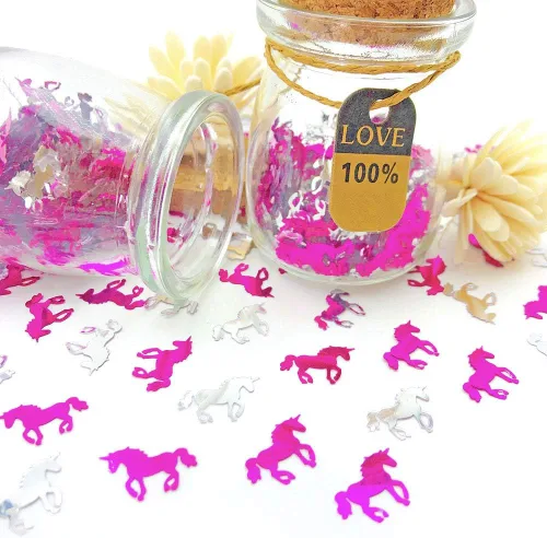 Vista 4 de Decoración de mesa de fiesta de unicornio de confeti de cumpleaños de papel metálico de unicornio para boda, cumpleaños, baby shower, despedida