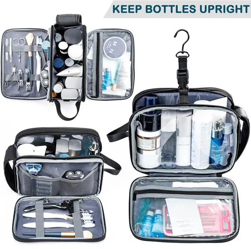 Vista 7 de BAGSPRITE Neceser para Hombres y Mujeres, Bolsa de Viaje con Gancho para Colgar, Bolsa de Cosméticos Resistente al Agua, Organizador de Kit de Negro