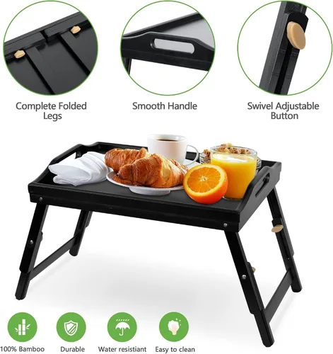 Vista 8 de Mayyol Bandeja de Desayuno para Comer en la Cama - Mesa de Comida Elevada con Altura Ajustable - Bandeja de Servir de Bambú para Regazo/Sofá