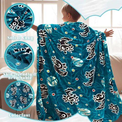 Vista 4 de Manta de Ajolotl para Niños que Brilla en la Oscuridad Manta para Niños Niños Manta de Tiro Regalos de Ajolotl Decoración Animal Salamandra Mantas