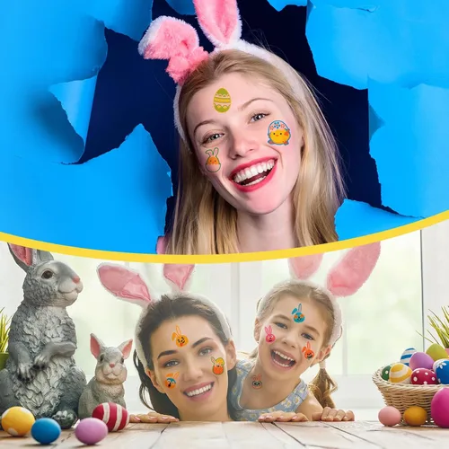 Vista 7 de Nosiny 240 piezas de tatuajes temporales con purpurina de Pascua, huevos de conejito feliz, pollo, zanahoria, accesorios de ropa, calcomanías