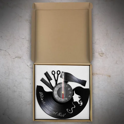 Vista 4 de Reloj de pared de 11.8 in con peine y tijeras, secador de pelo, salón de belleza, reloj de pared para peluquería, reloj de vinilo vintage, letrero