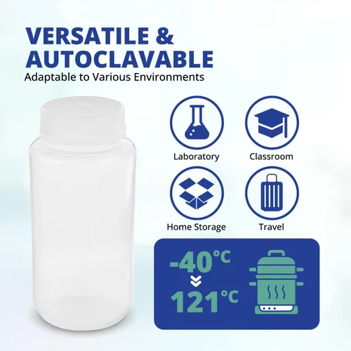 Vista 3 de United Scientific™ Recipientes de muestras de boca ancha con tapas, 1.0 fl oz, paquete de 12 1 oz Plastic Bottles, Autoclavable Laboratory Grade