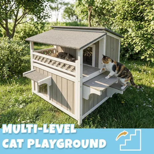 Vista 4 de Casa de madera para gatos para exteriores e interiores, resistente a la intemperie, refugio para gatos de dos pisos, hogar cerrado para gatos