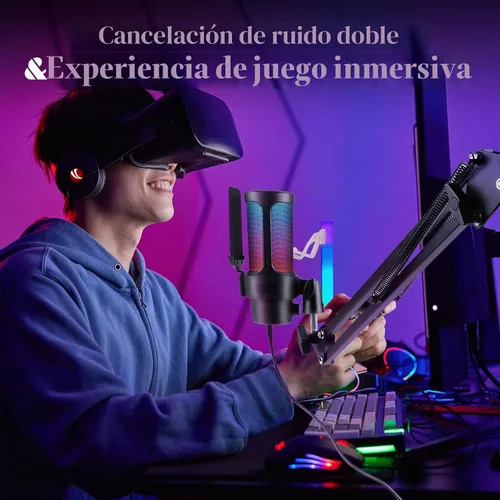Vista 6 de VCOM Micrófono USB para juegos, micrófono de brazo dinámico de condensador para podcasting, transmisión, con soporte de brazo de brazo, silencio
