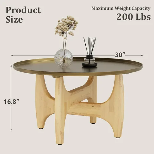 Vista 2 de ACEDÉCOR Mesa auxiliar redonda de 30 pulgadas, mesa central dorada cepillada con bandeja de borde bajo y base de madera maciza en X para sala