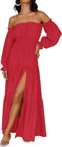 Vista 26 de ZESICA - Vestido largo, bohemio y sexy, con hombros descubiertos y manga larga fruncida, con elástico fruncido, cintura alta y abertura lateral