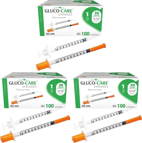 Vista 16 de GLUCO-CARE - Jeringas de 0.3 ml/cc, 30G x 5/16’’ (8mm), tapa naranja, 100/caja