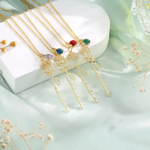 Vista 6 de Collar de nacimiento floral personalizado con nombre grabado y piedra natal, collar de promesa personalizado para mujeres, novia, mamá, esposa
