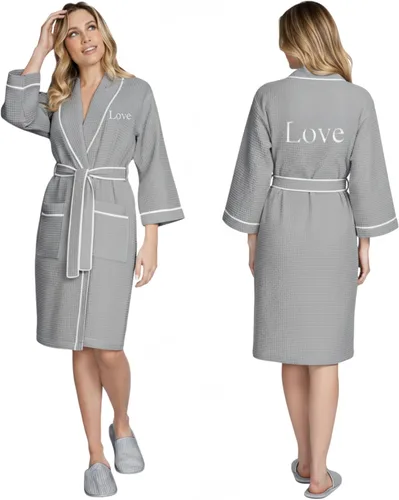 Vista 18 de Lotus Linen Women’s Lightweight Waffle Spa Robes – Soft Cotton Knee Length Bathrobe, Personalized Bridesmaids Robe Negro