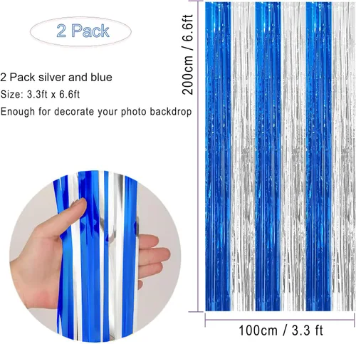 Vista 3 de Paquete de 2 cortinas de flecos de papel de aluminio azul y plateado, accesorios para cabina de fotos, telón de fondo de oropel para graduación