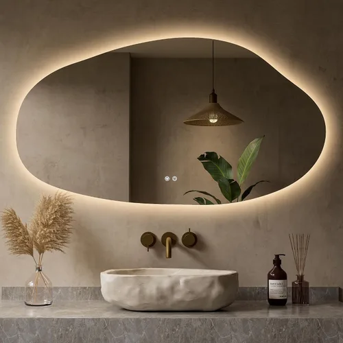 Vista 15 de Keonjinn Espejo de baño retroiluminado asimétrico de 22 x 30 pulgadas con luces, espejo LED irregular con vidrio templado HD, controlador LED