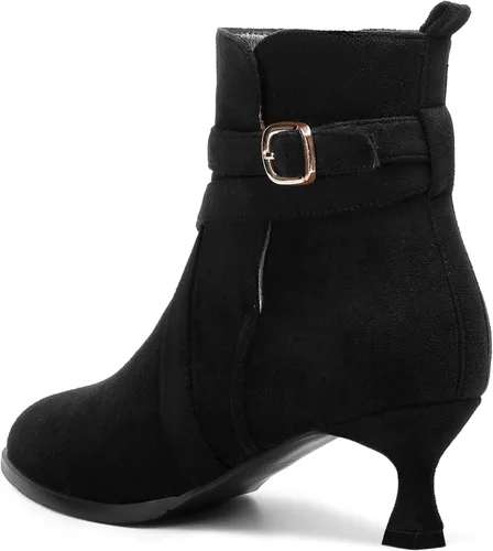 Vista 7 de MODENCOCO Vestido de gamuza para mujer, puntera redonda, correa de tobillo, hebilla de moda, tacón bajo, botas altas hasta el tobillo, 2 pulgadas