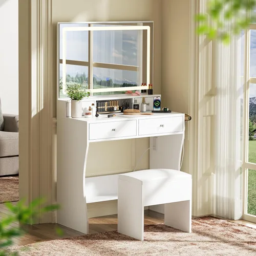Vista 7 de Escritorio de maquillaje con espejo y luces, juego de mesa de tocador con 4 cajones de almacenamiento y estantes para espacios pequeños, tocador