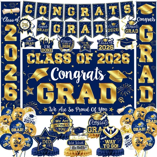 Vista 11 de Decoraciones de graduación 2026, juego de decoraciones de graduación rojo y negro con pancarta y telón de fondo de felicitaciones, letrero