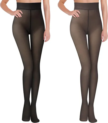 Vista 7 de Geyoga 2 pares de medias con forro polar para mujer, leggings falsos translúcidos para invierno, cálidos, gruesos, pantalones térmicos, medias