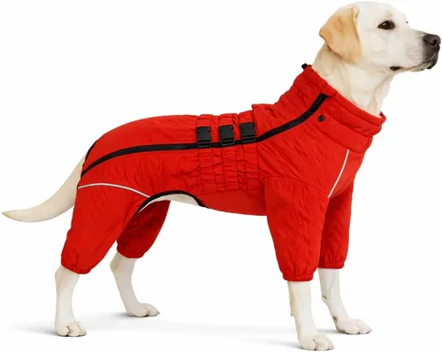 Vista 27 de Abrigo cálido para perros de doble capa, chaleco para perros, 4 patas cubiertas, resistente al viento, impermeable, reflectante, gris XS - L