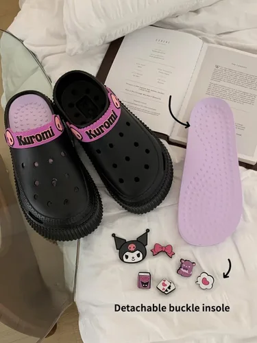 Vista 7 de Zapatos kawaii Kuromi pantuflas para mujer, lindos zuecos de jardín, de dibujos animados, para interiores, exteriores, sandalias de nube para niñas