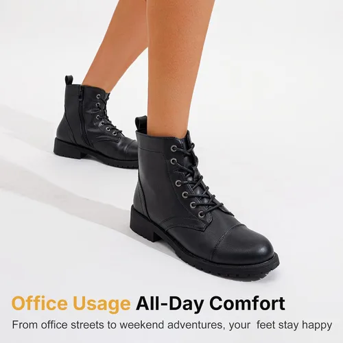 Vista 5 de Vepose - Botines de tacón bajo para mujer, botines militares a la moda con cordones