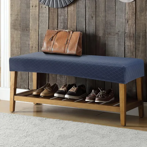 Vista 7 de YISUN Fundas de banco para comedor de Jacquard, funda elástica lavable y extraíble para banco, protector de asiento rectangular para bancos de Azul