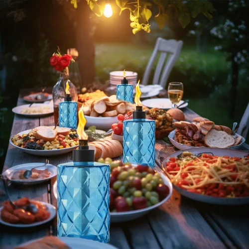 Vista 5 de Paquete de 4 linternas de mesa de cristal azul con mecha y tapa, linternas de citronela al aire libre, linterna de llama recargable, linterna