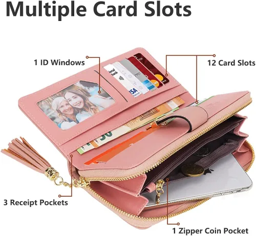 Vista 3 de Carteras RFID para mujer con múltiples ranuras para tarjetas y compartimento para teléfono celular