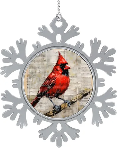 Vista 9 de El cardenal rojo se sienta en una rama de pino en el invierno, adornos de Navidad de copo de nieve de metal, patrón de pájaro cardenal, regalo