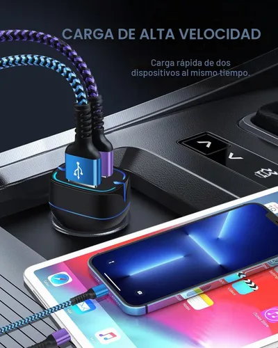 Vista 3 de Cargador de teléfono para automóvil, adaptador de encendedor de cigarrillos de doble puerto + 2 cables Lightning de 3 pies de carga rápida