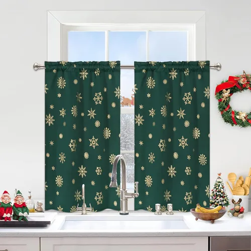 Vista 2 de Cortinas de Navidad de Nivel con Estampado de Copos de Nieve Dorados en Papel Aluminio - 36 Pulgadas de Largo, Cortinas Verdes con Bolsillo