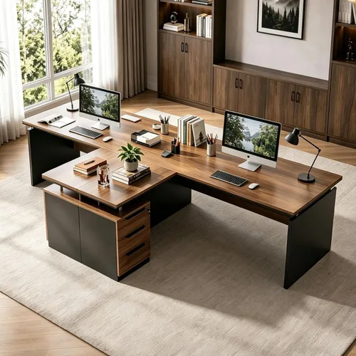 Vista 8 de Escritorio ejecutivo en forma de L de 63 pulgadas, escritorio industrial moderno de oficina de madera con cajones de bloqueo, gestión de cables