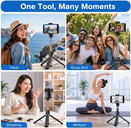 Vista 5 de Trípode negro para iPhone con luz, soporte de luz de anillo para iPhone, soporte ajustable para selfie stick con luz de relleno, trípode extensible