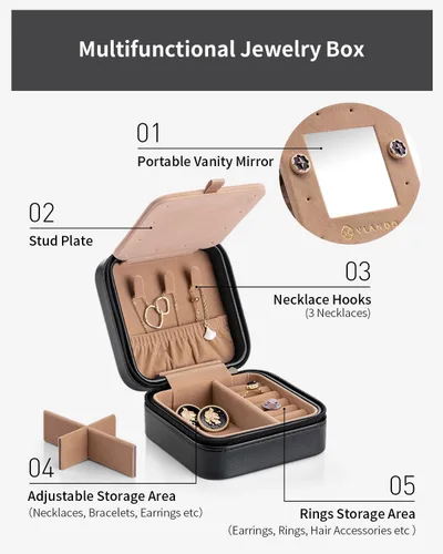 Vista 3 de Vlando Joyero de viaje con piel nacarada, pequeño joyero portátil para anillos, aretes, collares, pulseras, dijes, regalo para mujeres, niñas
