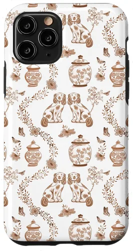 Vista 28 de Funda para iPhone XS Max Preppy Marrón y Blanco Toile Chinoiserie Perros y Jengibre