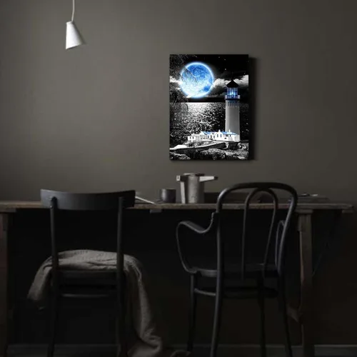 Vista 5 de Lienzo decorativo de pared con diseño de faro costero, decoración de pared de luna azul, decoración blanca y negra para oficina en casa, póster