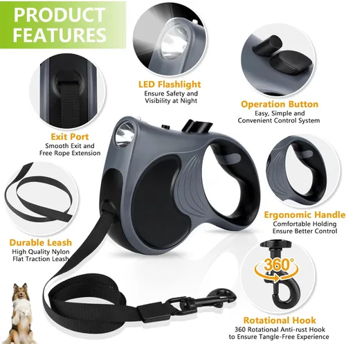 Vista 3 de Correa retráctil para perro con linterna, correa de paseo para perros de hasta 77 libras, correa de nailon sin enredos de 360°, mango Gris