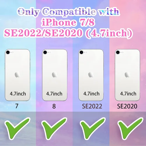 Vista 2 de Funda 3 en 1 para iPhone SE/7/8: diseño de mariposa 3D, purpurina, brillante, cristal, estilo lindo femenino, cadena y protector de pantalla