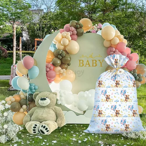 Vista 7 de KIDAJOY Bolsas de regalo extra grandes de oso de peluche, baby shower, Jumbo We Can Bearly Wait, bolsa de regalo de plástico para niñas y niños