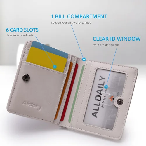 Vista 3 de Alldaily Cartera pequeña y compacta con bolsillo plegable para mujer, con bloqueo RFID, con ventana de identificación, Blanco