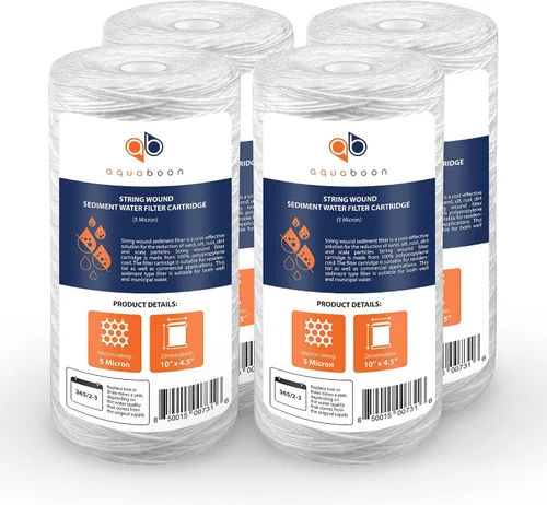 Vista 2 de Aquaboon Paquete de 4 cartuchos de repuesto de filtro de agua de sedimentos para heridas de cuerda de 5 micrones de 10 x 4.5 pulgadas y cartucho