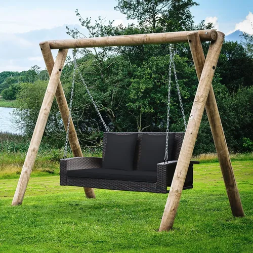 Vista 2 de Tangkula Columpio de Mimbre para Porche de 2 Personas, Patiojoy Banco Colgante de Ratán para Exteriores con 2 Cojines de Respaldo y 1 Cojín
